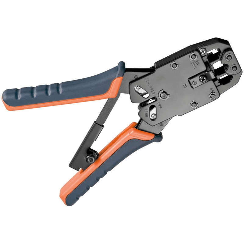 Professionelle Crimp Zange für RJ 45 Stecker mit Kabelschneider und Abisolierer