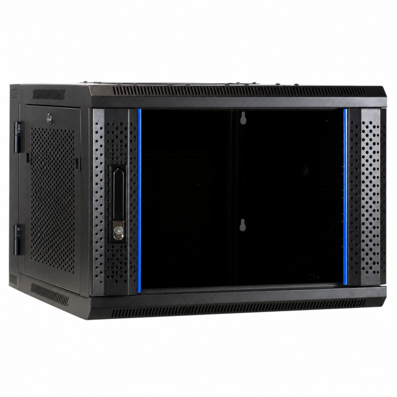 6 HE Netzwerkschrank, schwenkbarer Wandschrank mit Glastür und perforierten Seitenwänden 600x600x368mm